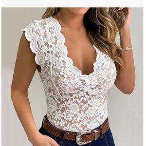 V-Neck Tops for Women, Women's Fashion Casual Sexy Slim Solid Lace V-Neck Blouse